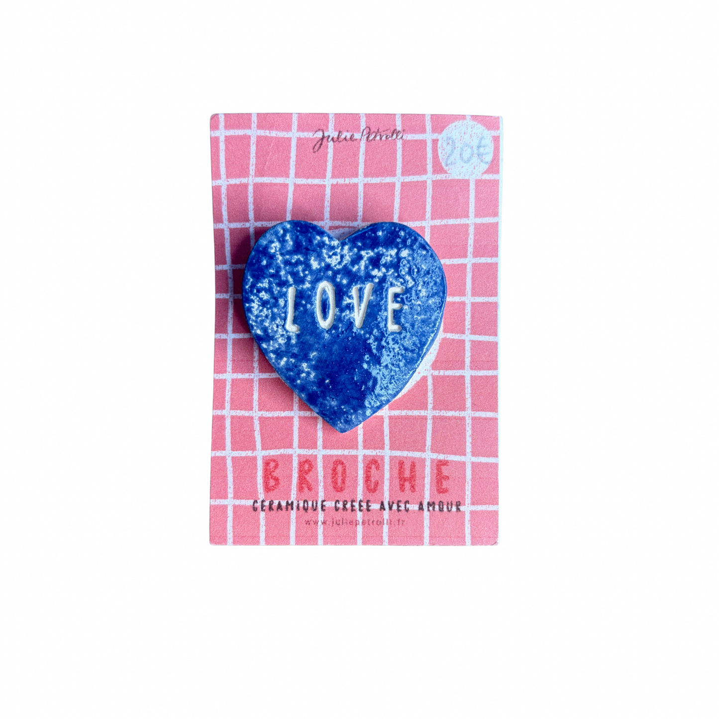 Broche cœur bleu en céramique avec inscription Love, environ 3 cm, création Julie Petrolli