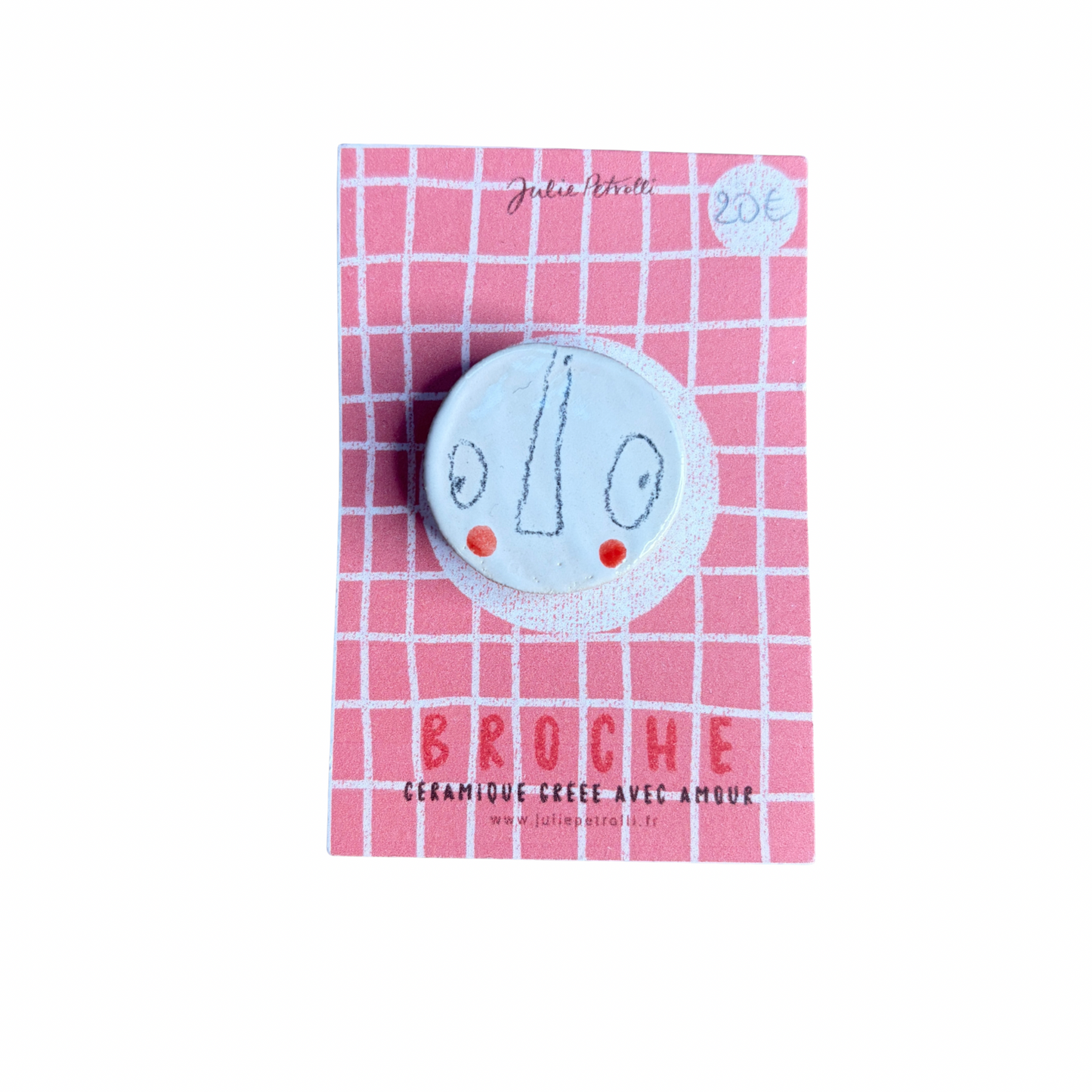 Broche ronde en céramique avec visage géométrique, environ 3 cm, création Julie Petrolli