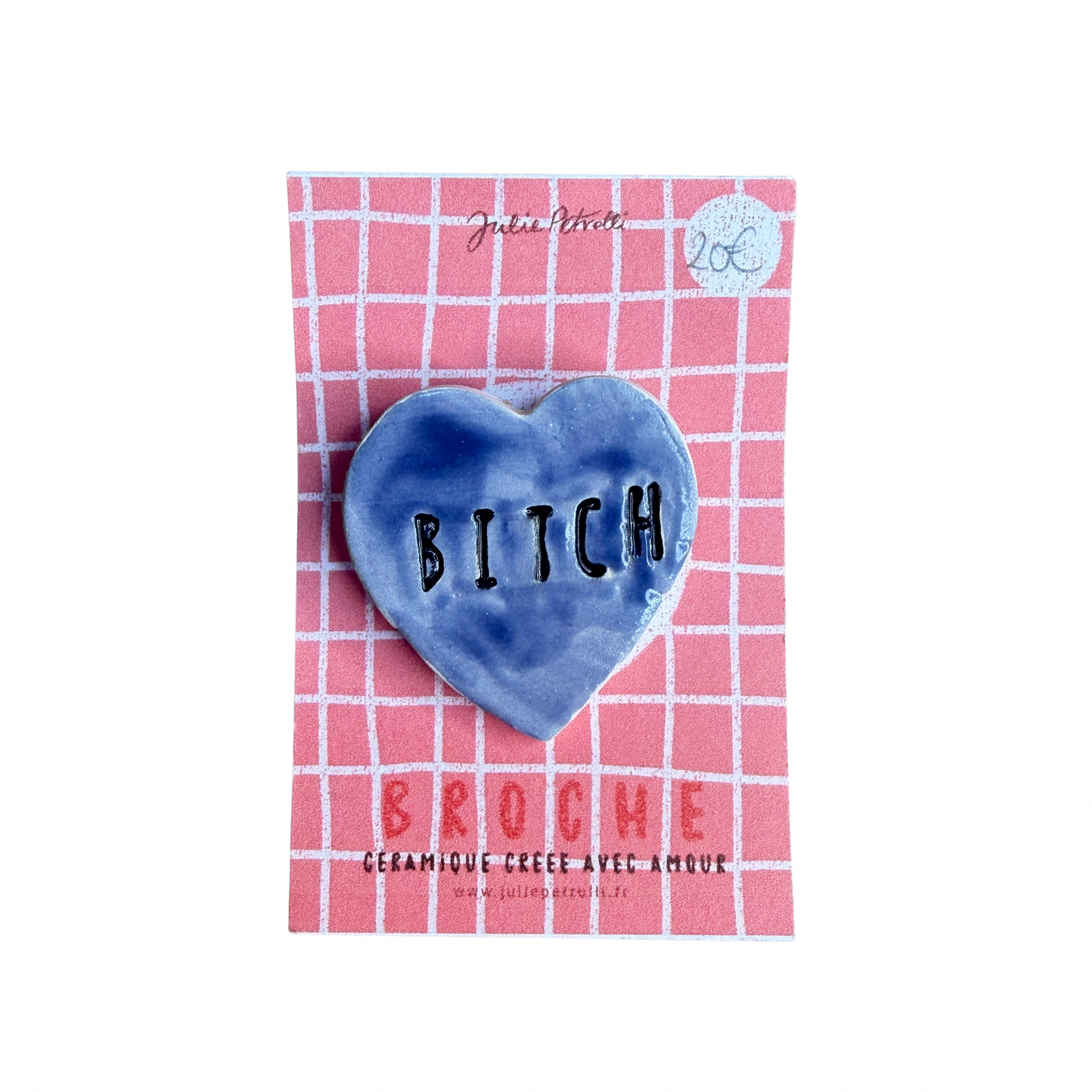 Broche cœur en céramique bleue avec inscription Bitch, environ 3 cm, création Julie Petrolli